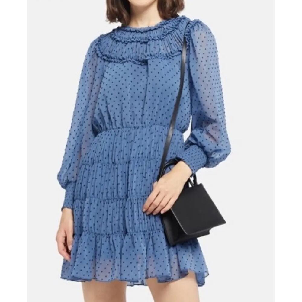 NWT Sandro Blue & Black Polka Dot Chiffon Tiered Dress Sz 40/ 8